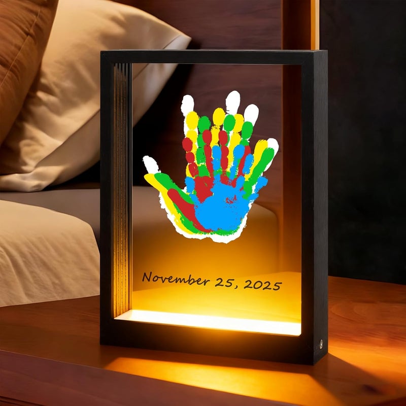 Bixinyo Family Handprint Kit with Light, Baby Hand and Footprint Keepsake Wooden Frame, Family Gifts for New Parents, Christmas, Mom & Baby, Grandparents, Adoption Gifts, 5 Non-Toxic Paints (Black) - Image 1